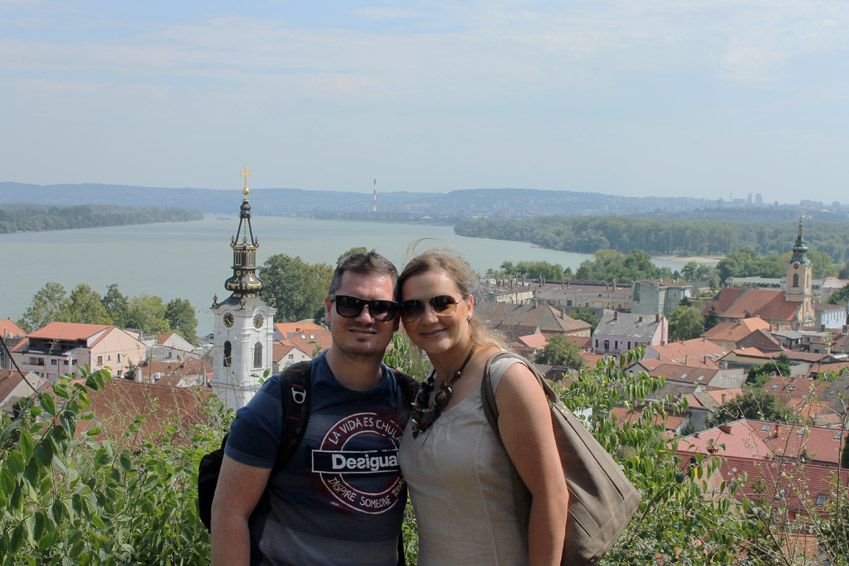 Married couple is posing on their Balkans tour on Gardos Zemun