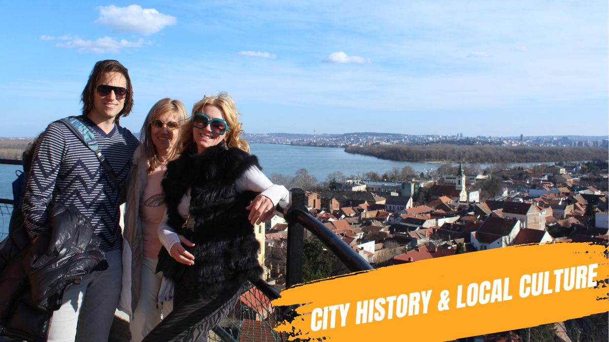 Guests on a private Belgrade history tour enjoy the view from the top of the Millennium Tower on Gardoš Hill in Zemun.