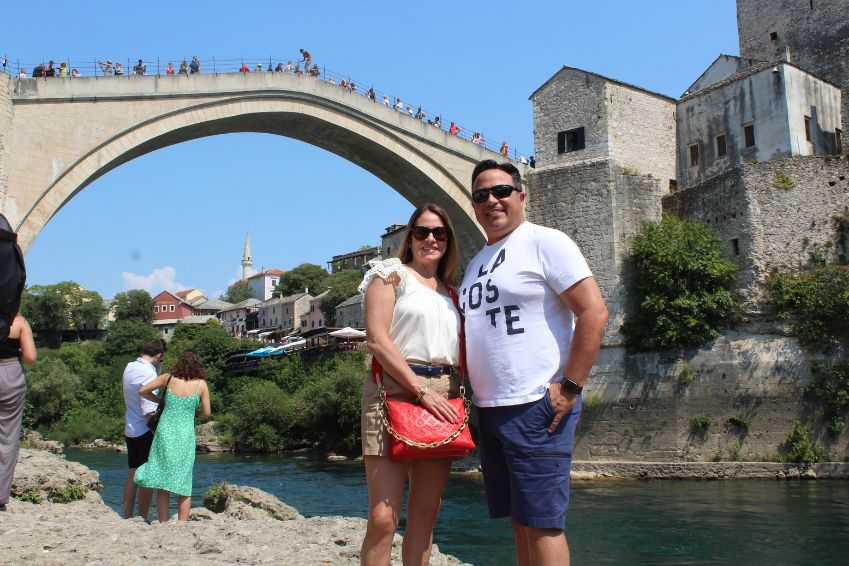 Guests on a private Balkan tour at the Old Bridge in Mostar, Bosnia and Herzegovina.